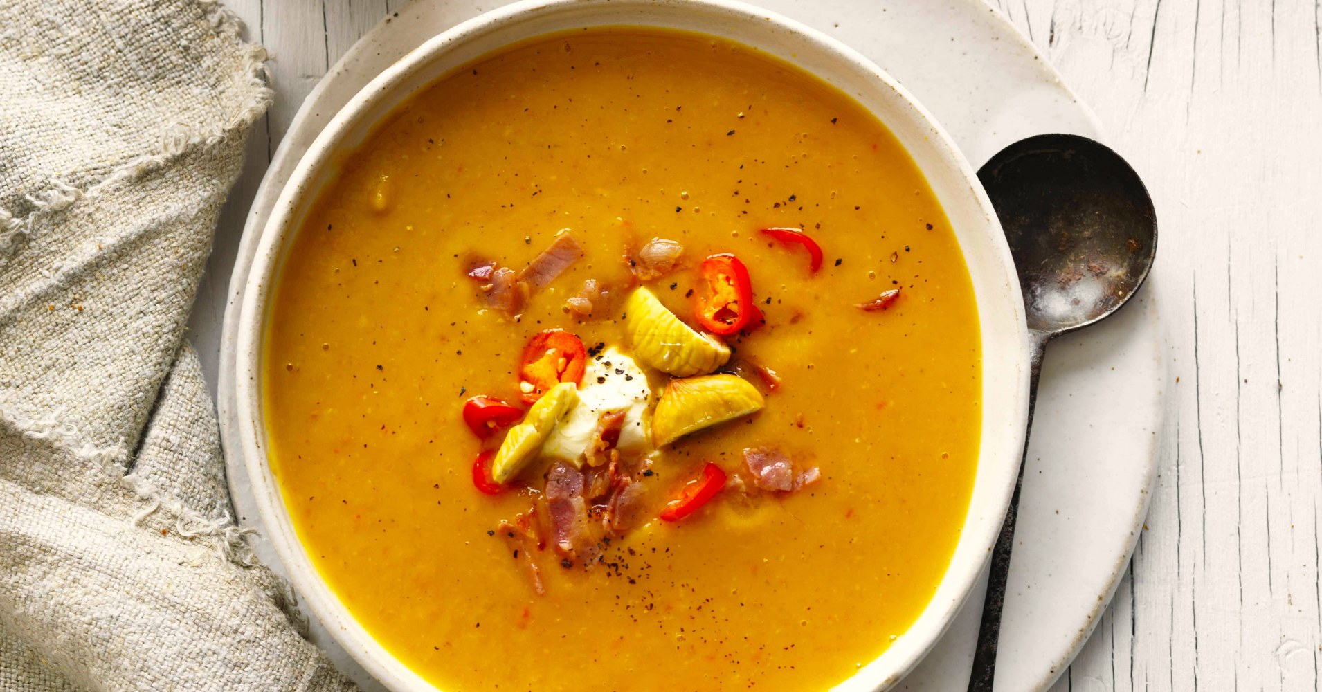 Spicy chestnut, pumpkin and pancetta soup Recipe | myfoodbook | Easy chestnut soup